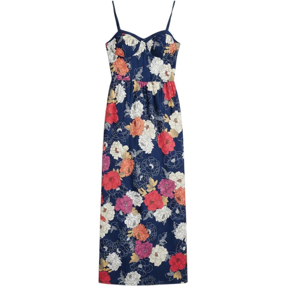 Land of the Free Floral Maxi Dress Navy Blue Sweetheart Bustier Smocked Large